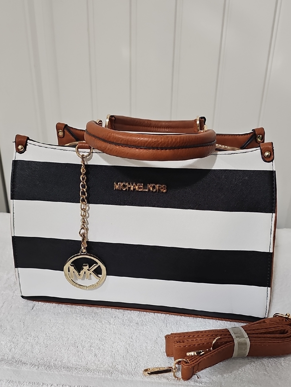 Michael Kors Black and White Striped Satchel with Brown Trim